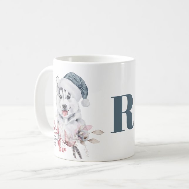 Monogram Christmas Husky Dog Coffee Mug (Front Left)