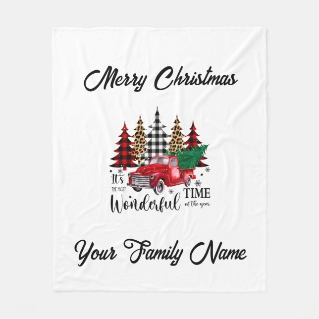 Monogram Christmas Little Red Truck Fleece Blanket (Front)