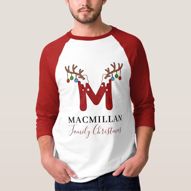 Monogram Christmas Matching Family Holiday Antlers T-Shirt (Front)