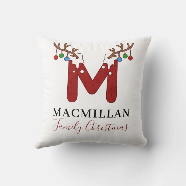 Monogram Christmas Matching Family Home Antlers Throw Pillow (Back)