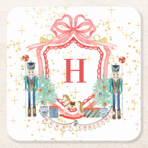 Monogram Christmas Nutcracker Crest Square Paper Coaster