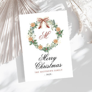 Monogram Christmas Oranges Wreath Bow Non Photo Holiday Card