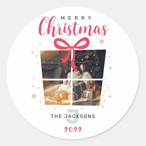 Monogram Christmas Photos elegant custom family  Classic Round Sticker