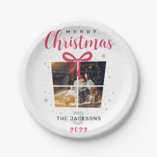 Monogram Christmas Photos, elegant, custom party Paper Plates
