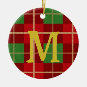 Monogram Christmas Plaid Red And Green Checkered Ceramic Ornament