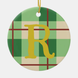 Monogram Christmas Plaid Red And Green Checkered Ceramic Ornament