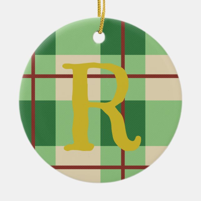 Monogram Christmas Plaid Red And Green Checkered   Ceramic Ornament (Front)