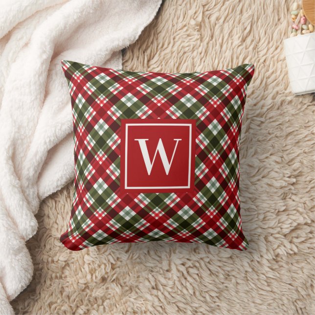 Monogram Christmas Plaid Throw Pillow (Blanket)