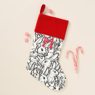 Monogram Christmas Rabbits Black & White Bunny Art Stocking
