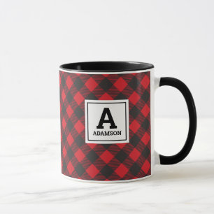 Monogram Christmas Red Black Buffalo Plaid Mug