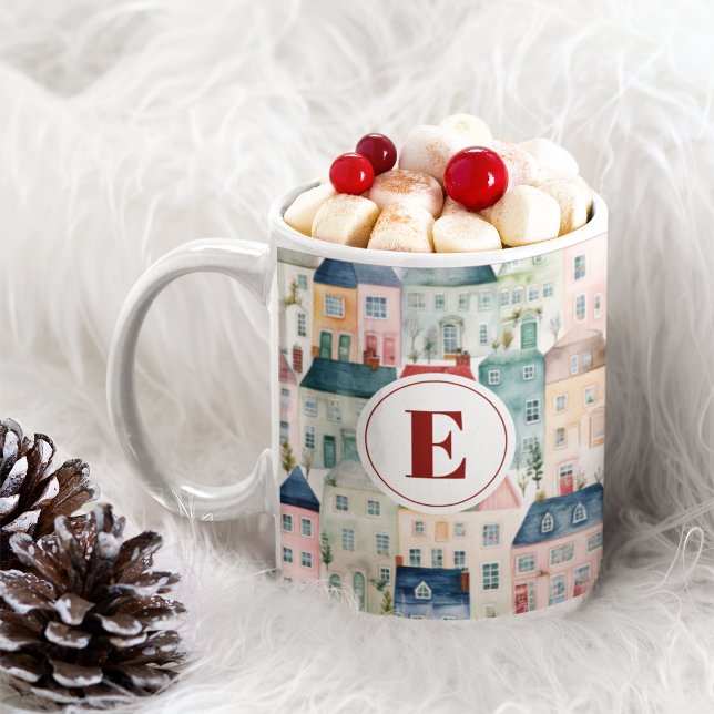 Monogram Christmas Red Festive Houses Holiday  Coffee Mug (Creator Uploaded)