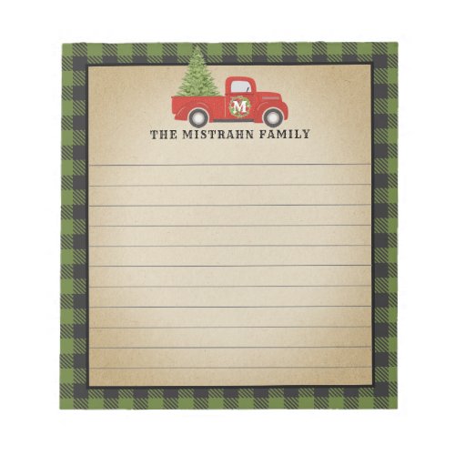 Monogram Christmas Red Truck Green Buffalo Plaid Notepad