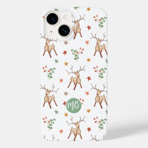 Monogram Christmas Rustic Woodland Reindeer Floral Case_Mate iPhone 14 Case