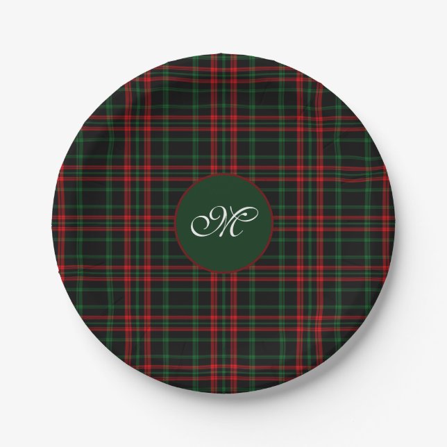 Monogram Christmas Tartan Plaid Red, Green Black Paper Plates (Front)