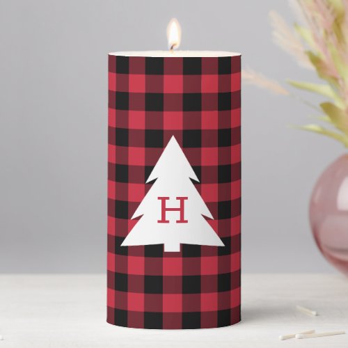 Monogram Christmas Tree Red Black Buffalo Check Pillar Candle