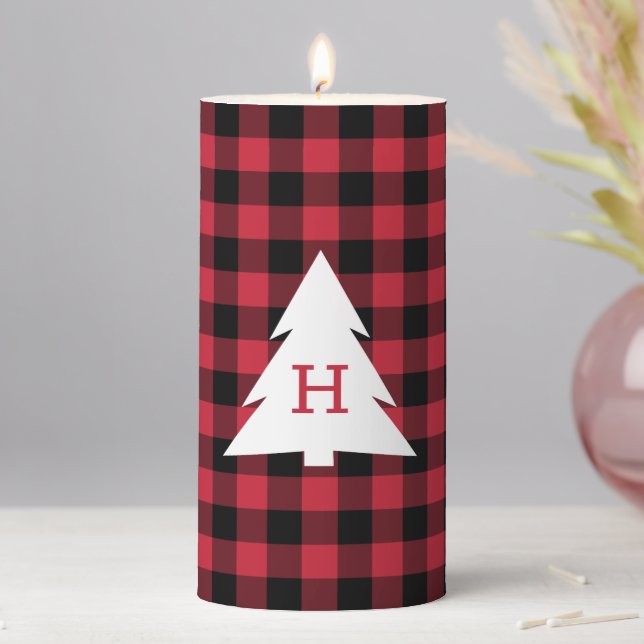 Monogram Christmas Tree Red Black Buffalo Check Pillar Candle (In Situ)