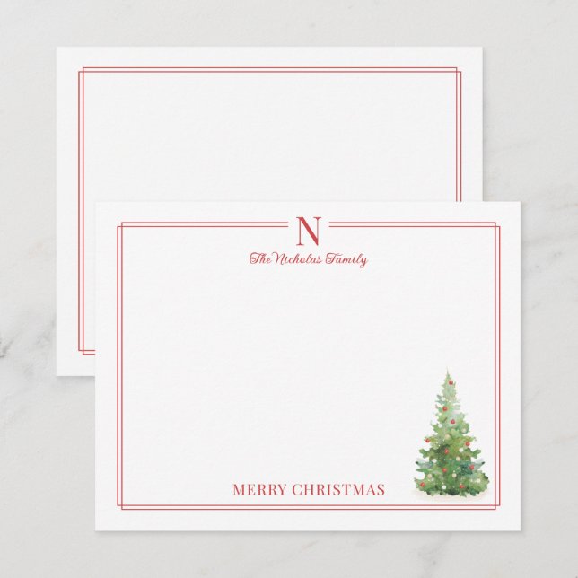 Monogram Christmas Tree Red Border Stationery Note Card (Front/Back)