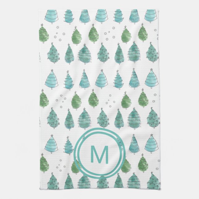 Monogram Christmas Trees Teal Kitchen Towel (Vertical)
