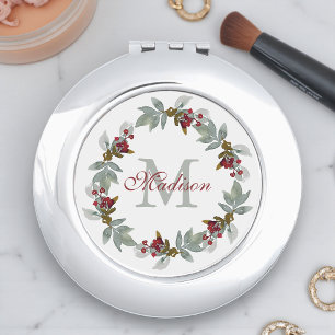 Monogram Christmas Watercolor Floral Name Compact Mirror