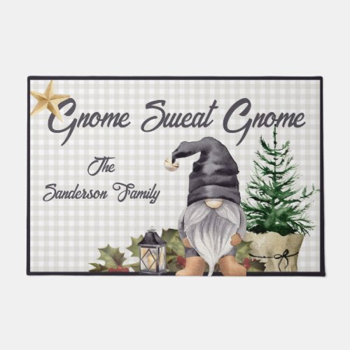 Monogram  Christmas Watercolor Gnome  Doormat