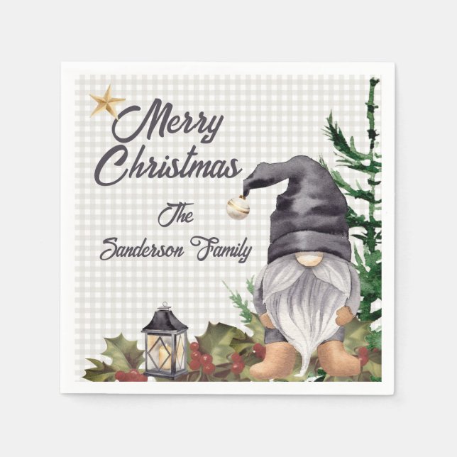 Monogram  Christmas Watercolor Gnome  Napkins (Front)