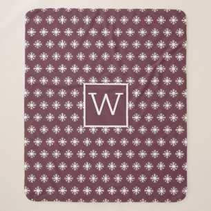 Monogram Christmas White Snow Crystal Burgundy Sherpa Blanket