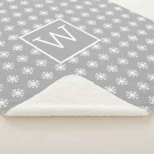 Monogram Christmas White Snow Crystal Gray Sherpa Blanket