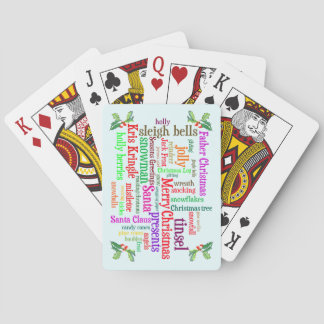 Monogram Christmas word collage and holly berries Poker Cards