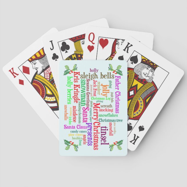 Monogram Christmas word collage and holly berries Poker Cards (Back)