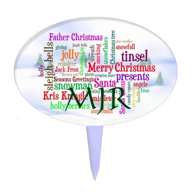 Monogram Christmas word collage and snowscene Cake Topper (Front)