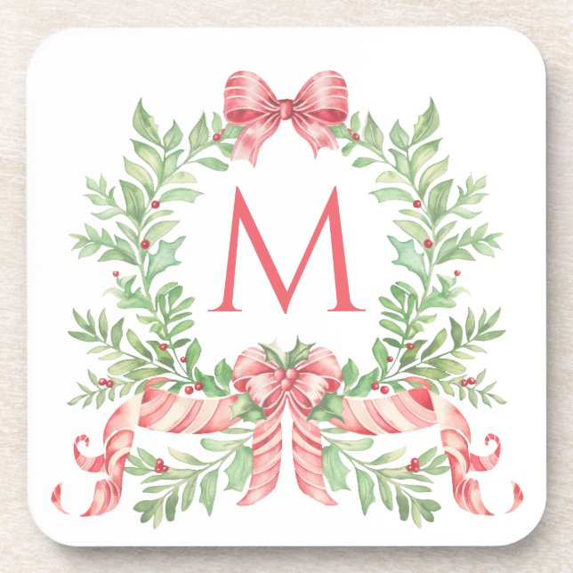 Monogram Christmas Wreath Beverage Coaster (Front)