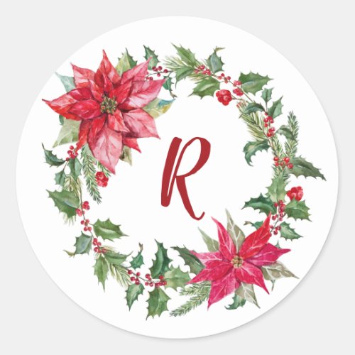 Monogram Christmas Wreath Classic Round Sticker