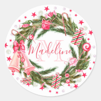 Monogram Christmas Wreath Classic Round Sticker