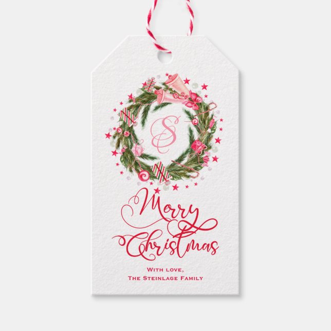 Monogram Christmas Wreath Gift Tags (Front)