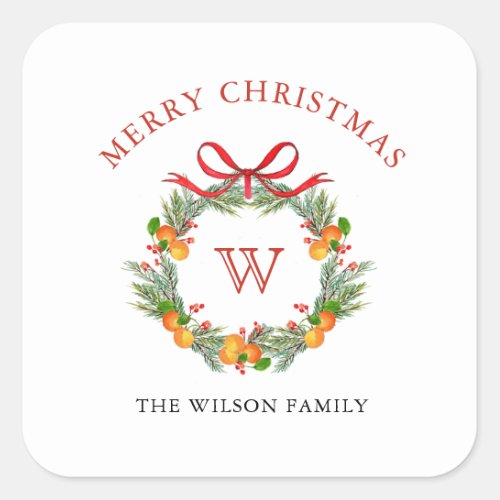 Monogram Christmas wreath Holiday Square Sticker