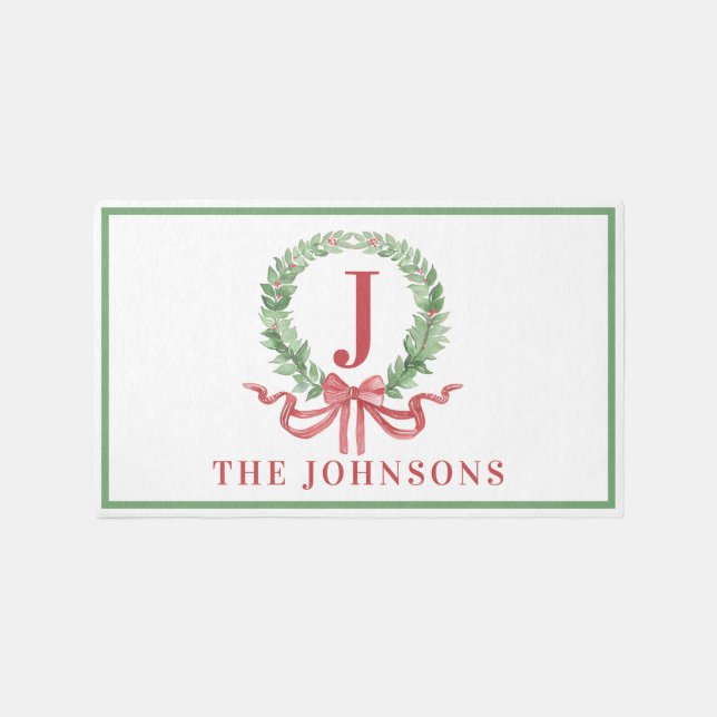Monogram Christmas Wreath Outdoor Rug (Front)