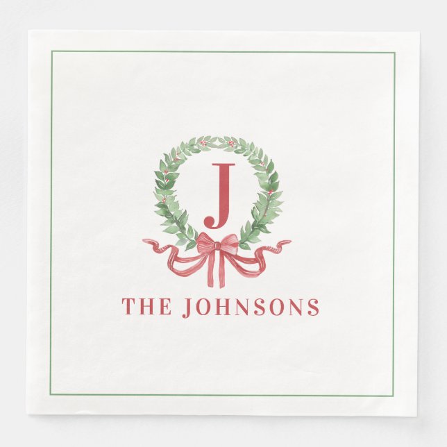 Monogram Christmas Wreath Paper Dinner Napkins (Front)