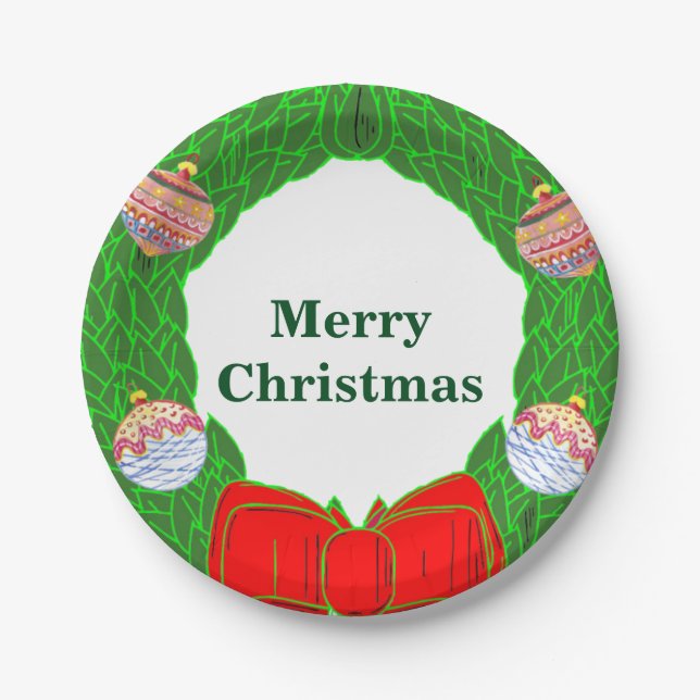 Monogram Christmas Wreath Paper Plates 7" (Front)