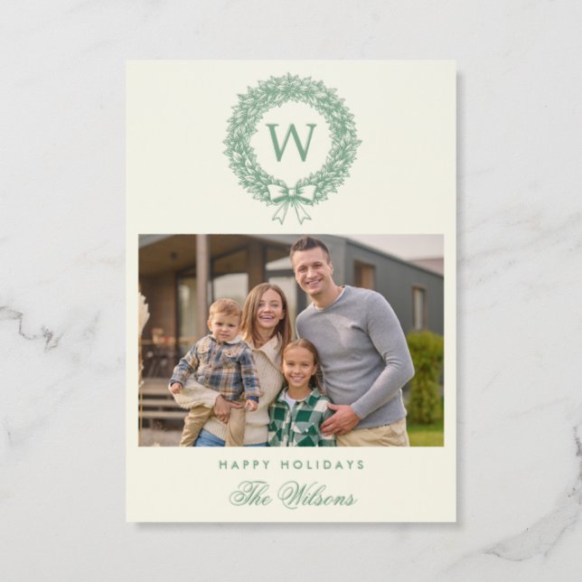 Monogram Christmas Wreath Photo Holiday Letterpress Photo Cards (Front)