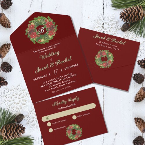 Monogram Christmas Wreath Poinsettias Red Wedding All In One Invitation