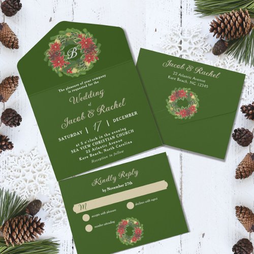 Monogram Christmas Wreath Poinsettias Wedding All In One Invitation
