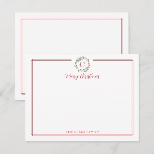 Monogram Christmas Wreath Red Border Stationery Note Card