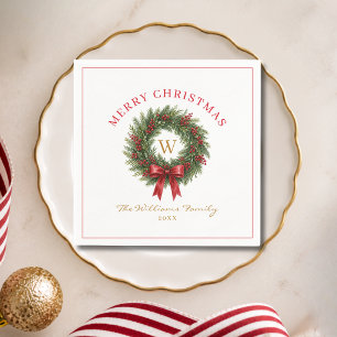 Monogram Christmas Wreath Red Bow Napkins