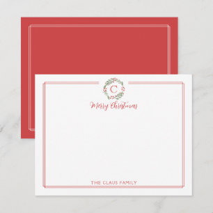 Monogram Christmas Wreath Red & White Stationery Note Card