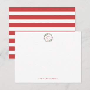 Monogram Christmas Wreath Striped Stationery Note Card
