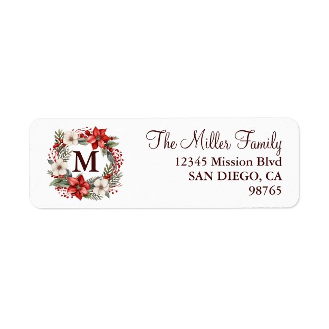 Monogram Christmas Wreath Traditional Elegant Label (Front)