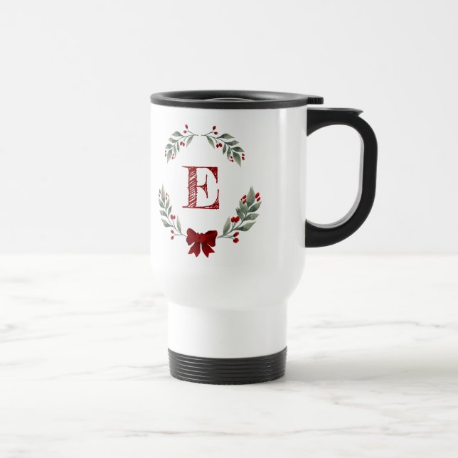 Monogram Christmas Wreath Travel Mug (Right)