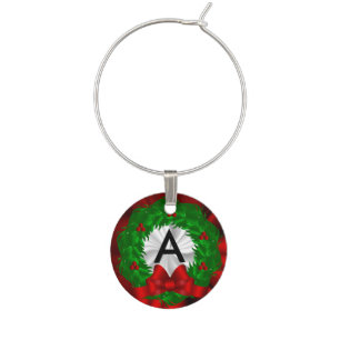 Monogram Christmas Wreath Wine Glass Charm