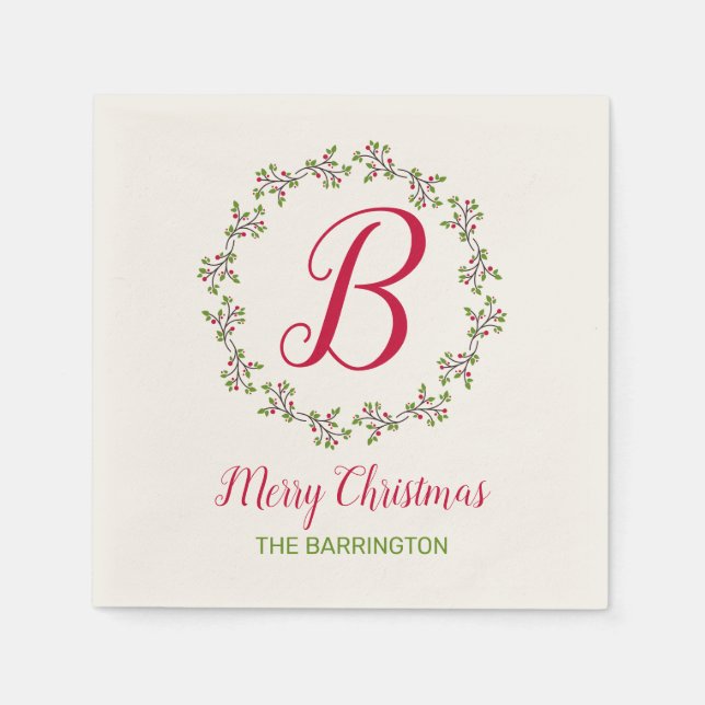 Monogram Christmas wreath with leaves & berries Napkins (Front)