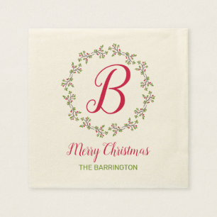 Monogram Christmas wreath with leaves & berries Napkins